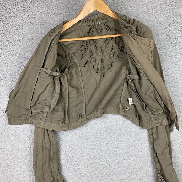 Free People Moto Jacket Olive Green Eyelet Lace Cutout Linen Cotton Full Zip XS - Picture 8 of 14